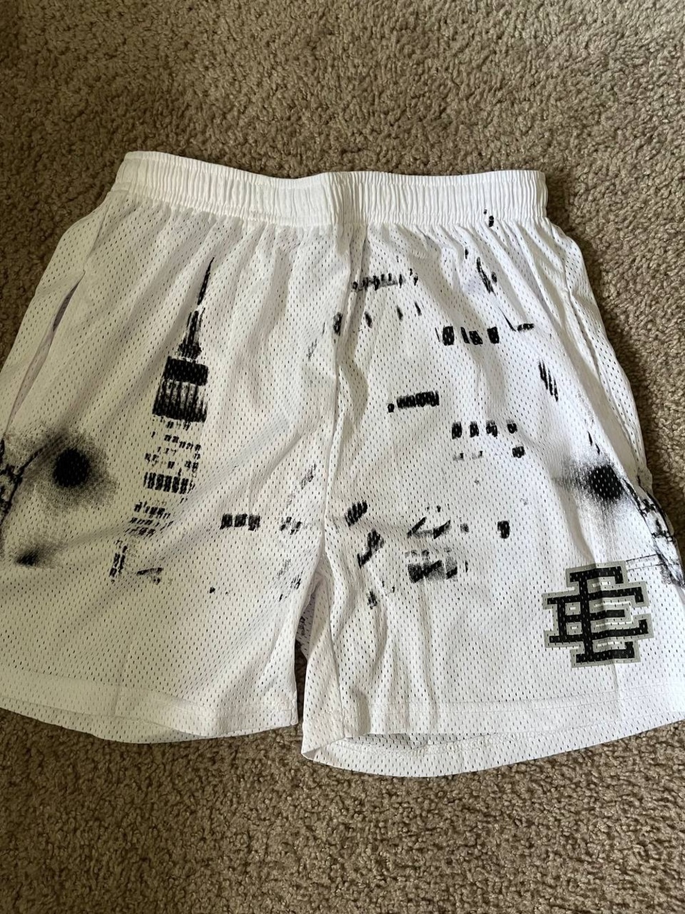 Eric Emanuel White Mesh Shorts with Black Graphic Details